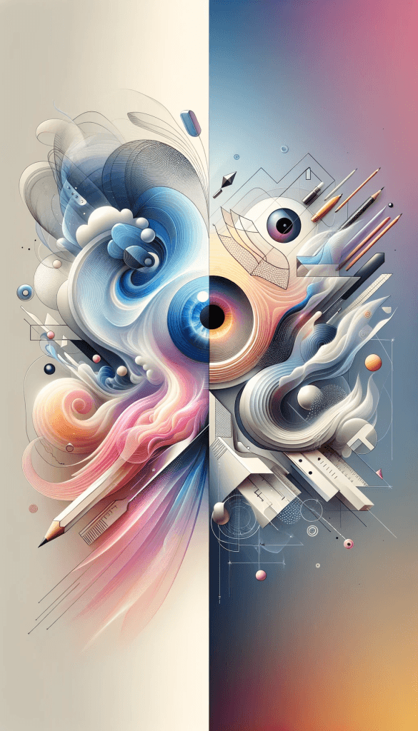 Abstract digital art symbolising the fusion of web design and social media solutions, featuring a split design with swirling colours and geometric elements. Ideal visual for amplifying your brand's online presence in Australia.